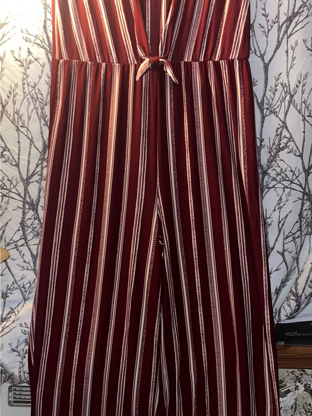 Striped Burgundy Wide-Leg Tie-Waist Jumpsuit